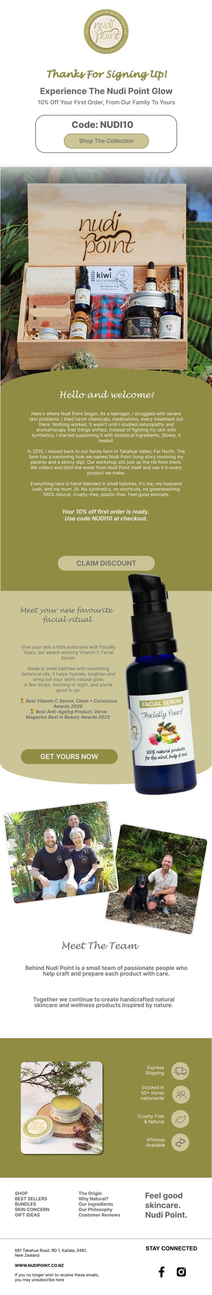 Welcome email Sendalia designed for Nudi Point, a handmade New Zealand skincare brand